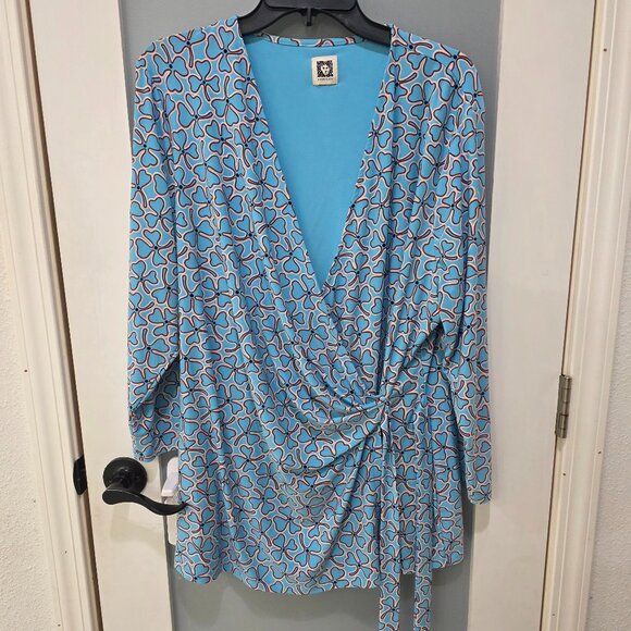 Anne Klein Blue Red White Wrap Blouse | Women’s Long Sleeve Printed Top - Picture 1 of 12